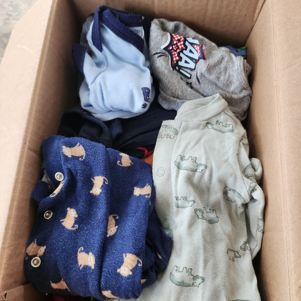 Box Full Of Baby Boy 3-6 Month Clothes and accessories.